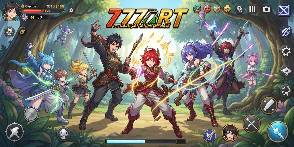 Tangkapan layar dari gameplay 777RT yang penuh aksi dan karakter anime.