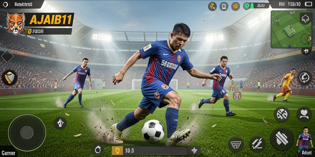 Tampilan gameplay seru di AJAIB11 dengan aksi bola sepak.