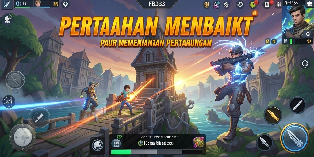 Screenshot gameplay FB333 menunjukkan aksi menara bertahan melawan musuh.