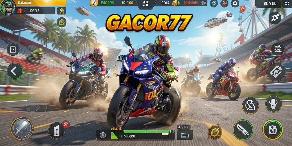 Gameplay GACOR77 dengan balapan motor yang seru dan intens.