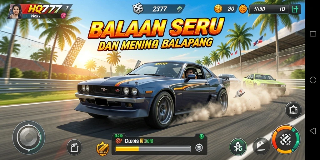Tangkapan layar gameplay HQ777 menampilkan balapan seru dan adrenalin tinggi.