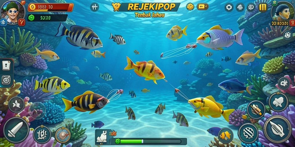 Tampilan gameplay REJEKIPOP dengan aksi menembak ikan yang seru.